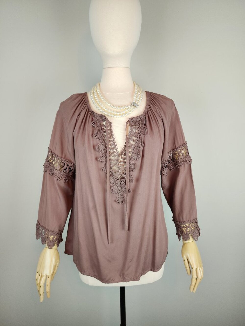 Lovely Mocha 100% Cotton Boho Peasant Blouse with Lace Detail * Ladies size XL